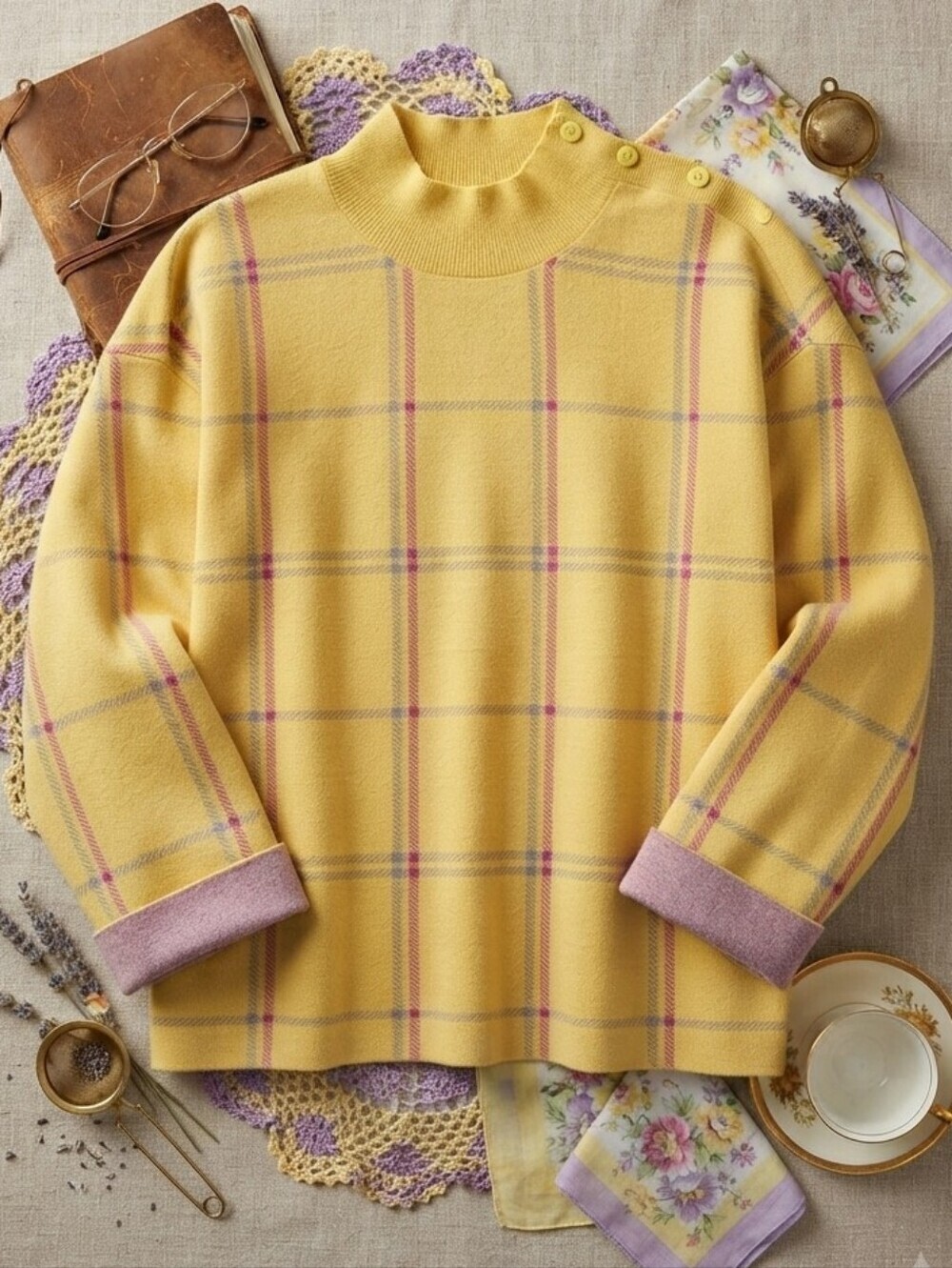 Rain + Rose Yellow Plaid Button Neckline Long Sleeve Sweater